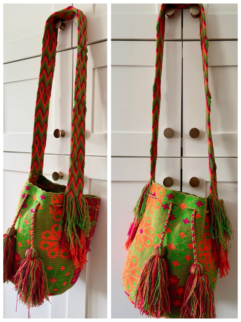 Colombian Wayuu Mochila Crossbody Bag | Green & Neon Pink Knit (Handwoven Boho) - Picture 7 of 17